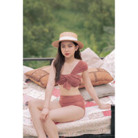 Set Bikini Áo Xoắn Nơ Quần Cạp Cao - Đồ Bơi Đi Tắm Biển Hai Mảnh Thời Trang Sexy Quyến Rũ