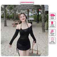 Sét Bikini Đen 3 Món Váy Lưới Lệch Vai K5462_CAROTSHOPMALL
