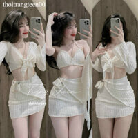 Set BIKINI ĐI BIỂN 3 Món Áo Bra Bảng Ngang Croptop + Khoác Cột Ngắn + Chân Váy Tà Lệch Có Lót Quần se xy thoitrangteen00