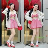 Set bikini đi biển - Áo bra viền ren cùng sơ mi dài tay mix quần short caro đũi siêu xinh