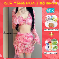 Set bikini đi biển bikinisunny bikini sunny đồ bơi 4 chi tiết màu hoa hồng chân váy bánh bèo kèm áo dài tay 53363