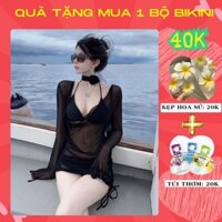 Set bikini đi biển cho nữ bộ đồ bơi 2 mảnh 3 chi tiết có áo lưới dài tay áo bra có mút kèm quần tam giác