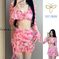 Set Bikini Đi Biển Đồ Bơi 4 Chi Tiết Màu Hoa Hồng Chân Váy Bánh Bèo Kèm Áo Dài Tay (B16)
