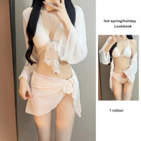 Set bikini đi bơi cho nữ Chicbabe áo tắm 4 mảnh dài tay vải mềm mại có mút xốp cao cấp freesize màu trắng tinh