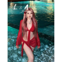 Set bikini đỏ 4 mảnh kèm khăn quấn và áo cực hot