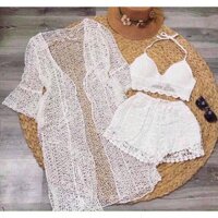 Set bikini ren áo đan móc tua rua HS03