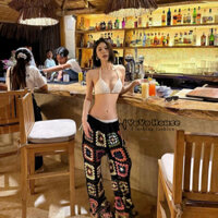 Set bikini trắng 2 mảnh + quần len đan dệt kim hoạ tiết màu sắc vintage