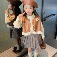 sét bn 4 chi tiết,áo gile da,chân váy kẻ,áo giữ nhiệt trắng+mũ nồi da cho bé