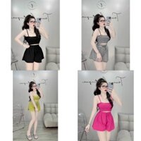 Set bộ 2 dây kèm quần giả váy chất thun tăm co dãn, mát, mịn form 40-57kg 4 màu đen, xanh, hồng, kẻ sọc
