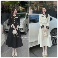 Set Bộ 2 Món: Áo Croptop Dài Tay Phối Viền Đính Nút Sang Chảnh + Chân Váy Xòe Chữ A Với Tone Màu Teen Siêu Hot