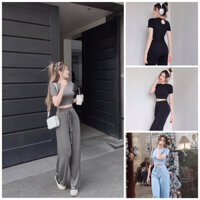 Set bộ 2 món áo croptop lửng quần ống suông Hàng QC cao cấp