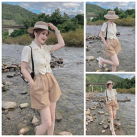 Set Bộ 2 Món: Áo Kiểu Croptop Rút Dây Cổ Vest + Quần Short Ống Rộng Với Tone Màu Xinh Xắn
