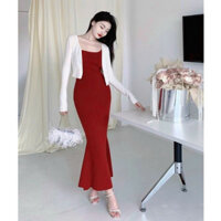 Set Bộ 2 Món Đầm 2 Dây Đuôi Cá Dáng Dài Midi Kèm Áo Khoác Lửng Tay Dài