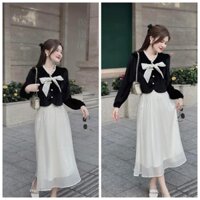 Set Bộ 2 Món Tiểu Thư Sang Chảnh: Áo Dài Tay Phối Viền Bèo Kết Nơ Nhẹ Nhàng + Chân Váy Xòe Tơ 2 Lớp