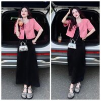 Set Bộ 2 Món: Váy Thun Đen Suông Body + Áo Khoác Croptop Lenin Hồng Thanh Lịch, Xinh