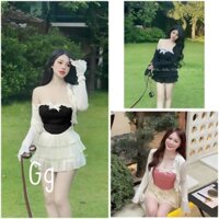Sét bộ 3 món , áo ống croptop viền ren , phối chân váy tầng ngắn xòe , kèm áo khoác tay dài trơn cực hot