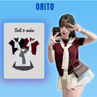 Set Bộ 3 Món Áo Thun Kèm Khăn Thủy Thủ Mix Chân Váy Xếp Ly Phong Cách Hàn Quốc T201