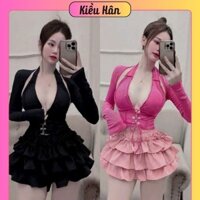 Set Bộ 3 Món Áo Yếm Đan Ngực Có Mút Kèm Khoác Tay Dài + Chân Váy Tuyết Mưa Tầng Xoè Có Lót Quần