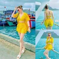 Sét bộ 3 món bikini đi biển áo khoác kèm bra và quần đùi chất đũi với màu sắc nổi bật tôn da cực kỳ sexy, sét bikini