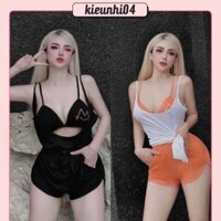 Set Bộ 3 Món Chào Hè Áo Bra Cúp Croptop + Quần Short Đùi In Chữ MeoMeo + Áo Ba Lỗ Ngoài Thun Lụa Dày - Nữ Women Top