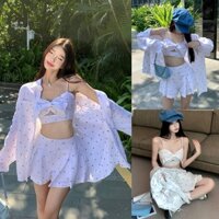 Set bộ 3 món đi biển áo bra cúp ngực kèm áo sơ mi dài tay phối quần đùi 2 lớp cho nữ