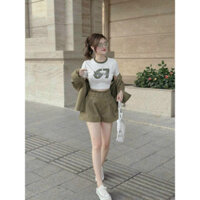 Sét bộ 3 món đùi thời trang nữ chất tuyết mưa xanh rêu sơ mi tay dài kèm lót cotton mix quần đùi cá tính mặc đi chơi sho