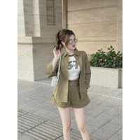 Sét bộ 3 món đùi thời trang nữ chất tuyết mưa xanh rêu sơ mi tay dài kèm lót cotton mix quần đùi cá tính mặc đi chơi