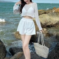 SÉT BỘ 3 MÓN thời trang nữ mặc đi chơi biển chất áo len ren tay dài kèm áo bra có mút ngực,quần short đùi cao cấp