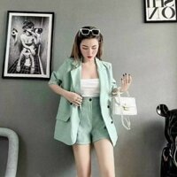 Set bộ 3 món thời trang nữ mặc đi chơi chất tuyết mưa cổ vest đính nút tay ngắn kèm lót quần short ống rộng dáng mini