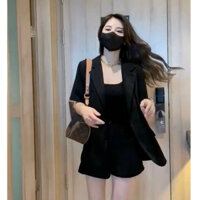 Set bộ 3 món vest thời trang nữ đi chơi chất mango lót thun gân cổ vest tay ngắn đính nút quần đùi lưng thun ống ôm mini