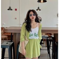 Set Bộ 3 Món Xanh Cốm Take Bag Áo Sơ Mi Dài Tay Mix Quần Sooc Ống Rộng Kèm 2 Dây Trắng CARI SHOP SP001144