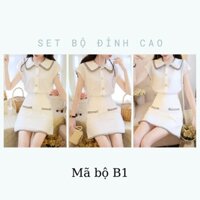 set bộ Angel, phong cách Hàn Quốc gồm áo sơ mi cổ sen vuông phối viền độc đáo, cúc ngọc; chân váy xòe chữ A viền gấu