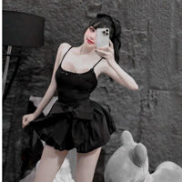 Sét bộ áo 2 dây croptop đính nơ phối quần đùi bí bồng nơ to cực xinh