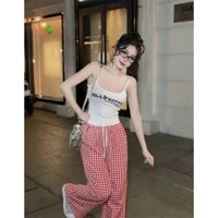 Sét bộ áo 2 dây in chữ Hello kitty , phối quần dài caro lưng trắng ống rộng cực hot về 2 màu như hình alohashop91