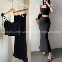 Set bộ Áo 2dây cột croptop mix Chân váy form dài xoè nhẹ đuôi cá cá tính sang chảnh cực xinh