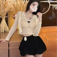 Set Bộ, Áo Ba Lỗ Ren Hoạ Tiết Quả Trám Kèm Áo Khoác Ngoài Croptop,Chân Váy Phồng, Trẻ Trung, CHL0388