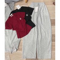 Set bộ áo babytee cổ tim đính tag chan neo mix quần nỉ ống rộng phối gân