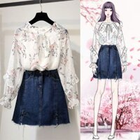 Set bộ áo bèo chấm bi + chân váy bò CBV148 (HÀNG ORDER 10-15 ngày)