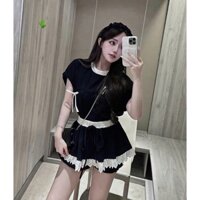 Sét bộ áo cánh dơi cổ trắng đính nơ bên , phối quần váy đáy ren cực hot