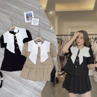Set bộ áo cổ bèo tay ngắn cổ tròn phối bèo trắng và chân váy ngắn xếp ly Bigsize Kim Ngân từ 50kg đến 100kg M/L/XL/XXL