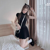 Sét bộ áo cổ cao tay cánh dơi ôm dáng trơn phối chân váy ngắn xếp ly xòe cực xinh , chất thun gân co giãn