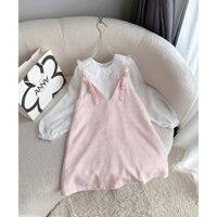 Set Bộ Áo Cổ Sen Kèm Yếm Suông Hồng