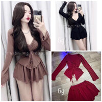Set bộ áo cổ tim tay dài rút dây xẻ tà giữa phối chân váy ngắn xòe nhẹ cực xinh , chất thun tăm co giãn mềm mát