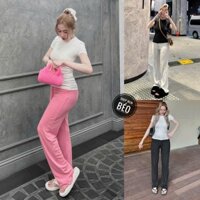 Set bộ áo cổ tròn tay ngắn kèm quần dài ống rộng dành cho nữ vải thun gân dày dặn co giãn thích hợp với mọi phong cách