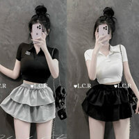 Sét bộ áo cổ trụ croptop trơn , phối chân váy da cá 2 tầng cực hot