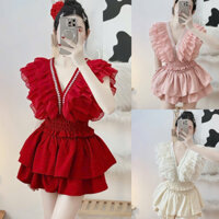 Set Bộ Áo Cổ V Đính Đá Bèo Croptop Nhún + Chân Váy Xoè Nhún Eo Có Lót Quần