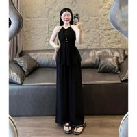 Set bộ áo cổ yếm đính nút phía trước phối cùng quần ống loe siêu xinh,tôn dáng