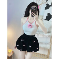 Sét Bộ Áo Cổ Yếm Đính Phụ Kiện Quần Bí Nơ Dễ Thương, Năng Động - LanLann