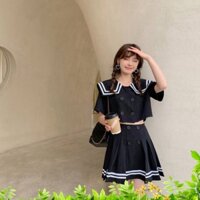 Set Bộ Áo Croptop Chân Váy Xếp Ly Thủy Thủ 2 Màu - SET ÁO THUỶ THỦ Cúc Cài MIX CHÂN VÁY PHA VIỀN Khóa Kéo - Lisa.m.Store