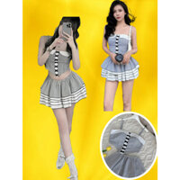 Sét bộ Áo croptop & chân váy xoè tầng kẻ sọc váy lolita 🔥chất cotton🔥 đan dây cúp ngực 2s 2 dây khoét eo NOAH